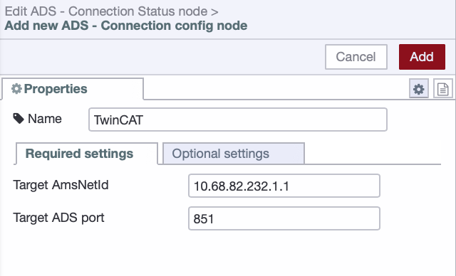 Required settings tab showing Target AMS Net ID and Target ADS Port fields in the ADS connection configuration