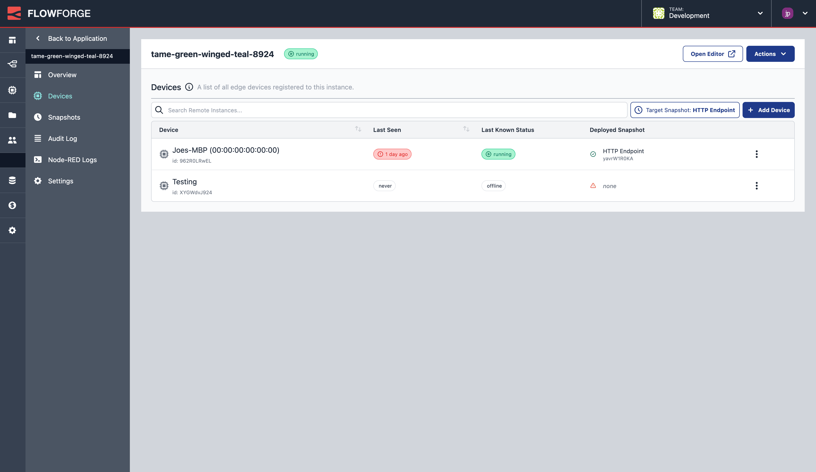 Screenshot to show an Instance's 'Devices' view "Screenshot to show an Instance's 'Devices' view"