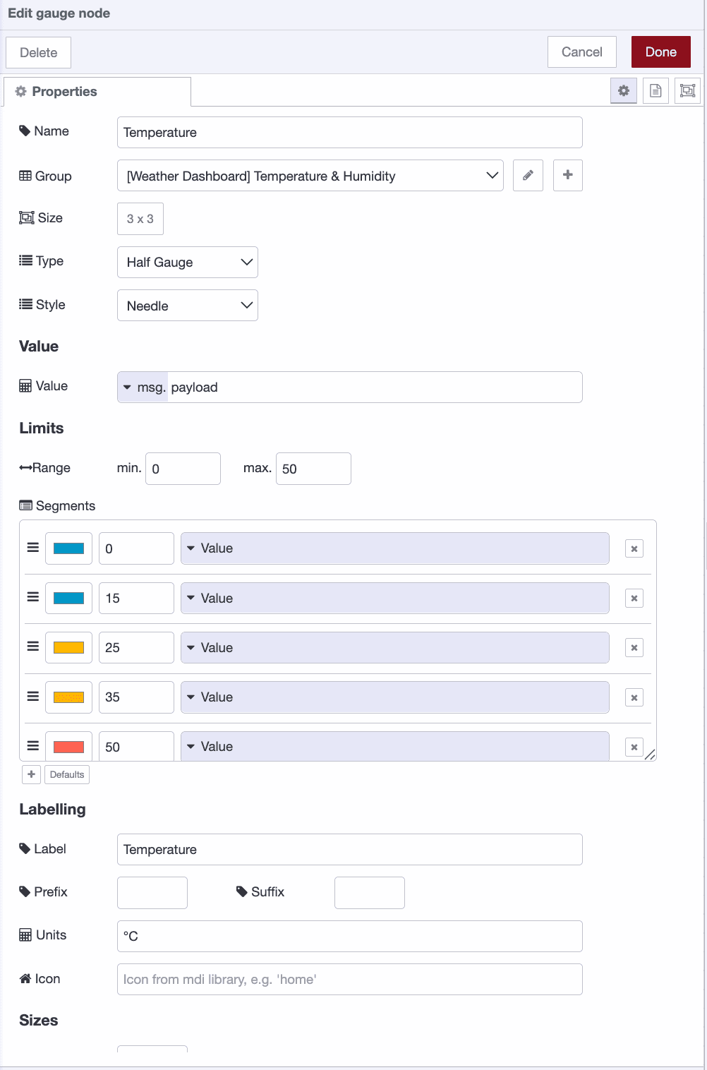 Temperature gauge configured with color-coded segments in Temperature & Humidity group